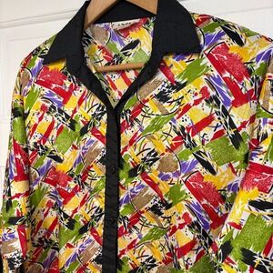 Vintage Colorful Bold Womens XL Abstract Print Button Up Oversized Shirt ANISE